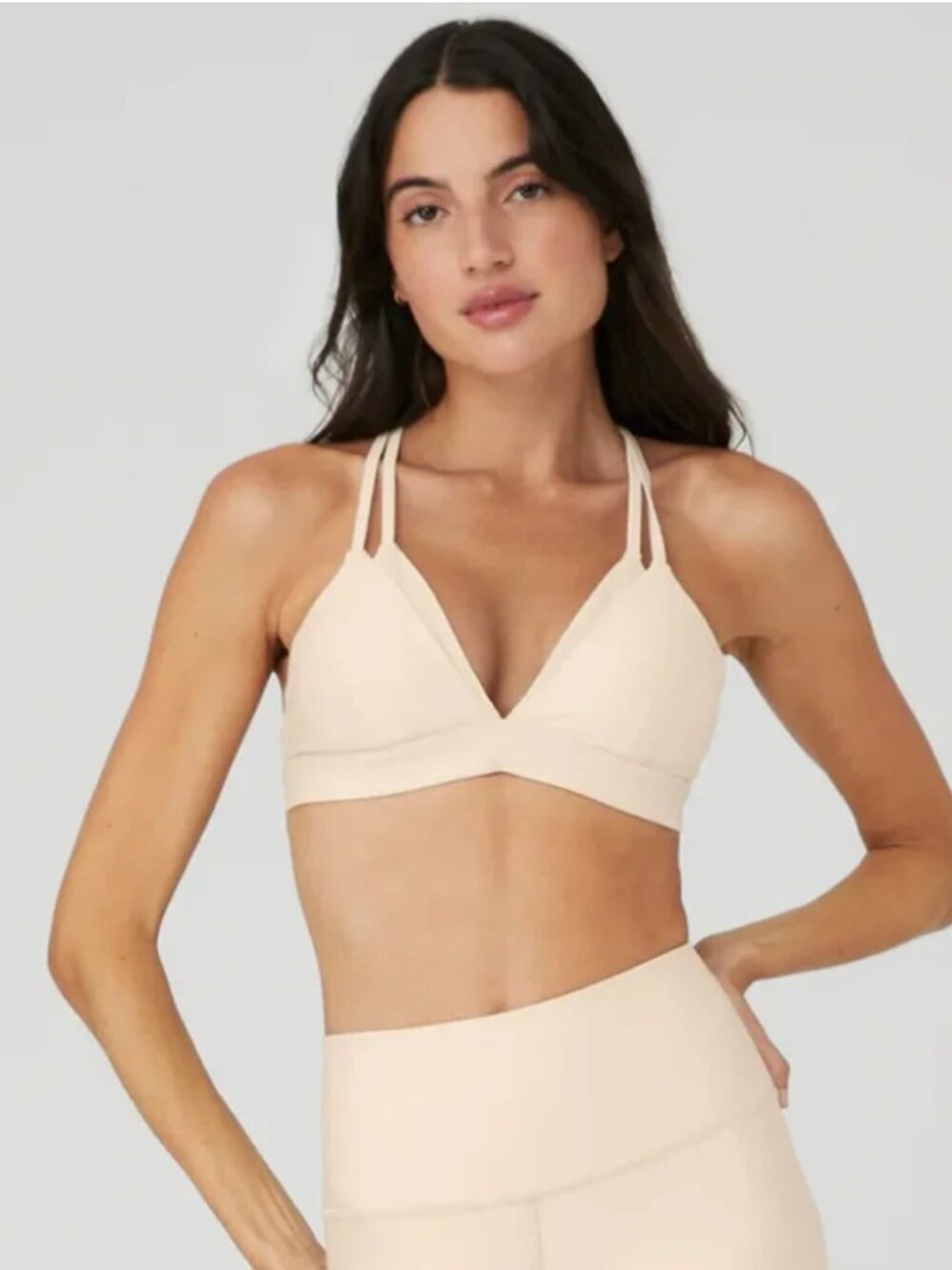 ALO Airlift Layer Up Bra Womens Large Beige Strappy Sports Bra Yoga Activewear